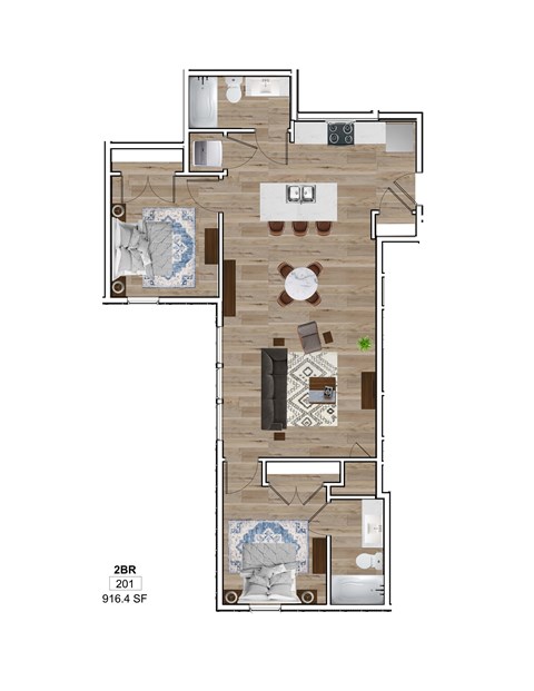 Floor plan for 2 beds, 2 baths, 975 sqft